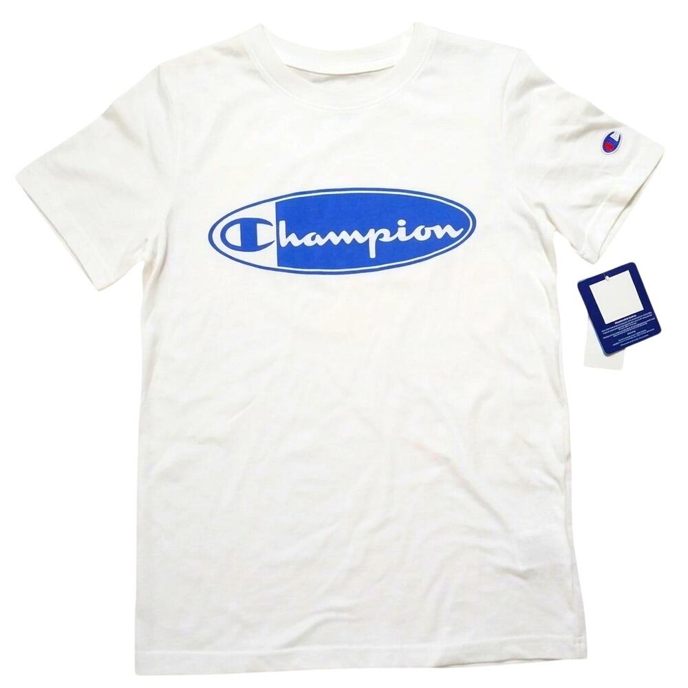 Champion Boys T-Shirt Size Medium (M) White Crew Neck Short Sleeve Blue Logo